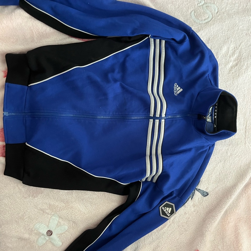 Adidas Blue and Black Bomber Jacket with Iconic Stripes